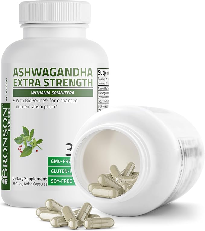 Bronson Ashwagandha Extra Strength Stress & Mood Support with BioPerine - Non GMO Formula, 360 Vegetarian Capsules