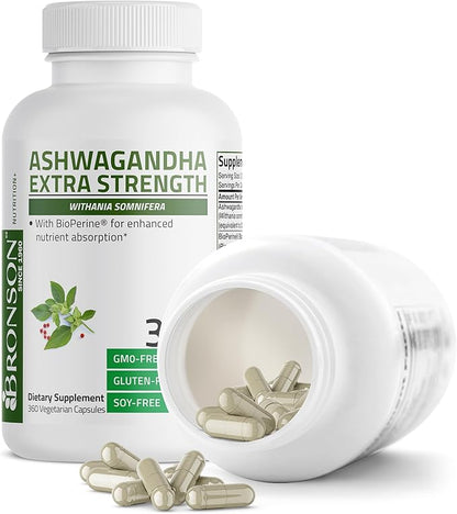 Bronson Ashwagandha Extra Strength Stress & Mood Support with BioPerine - Non GMO Formula, 360 Vegetarian Capsules