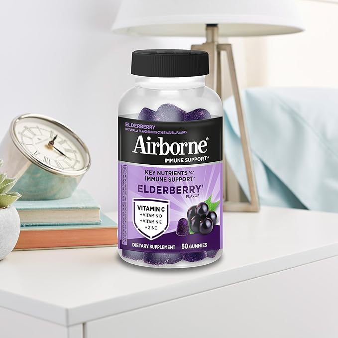 Airborne Elderberry + Zinc & Vitamin C Gummies For Adults, Immune Support Vitamin D & Zinc Gummies With Powerful Antioxidant Vitamins C D & E - 50 Gummies, Elderberry Flavor