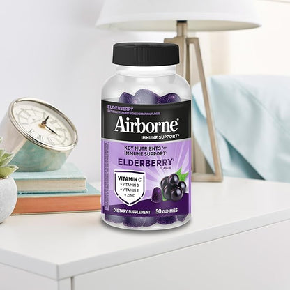 Airborne Elderberry + Zinc & Vitamin C Gummies For Adults, Immune Support Vitamin D & Zinc Gummies With Powerful Antioxidant Vitamins C D & E - 50 Gummies, Elderberry Flavor