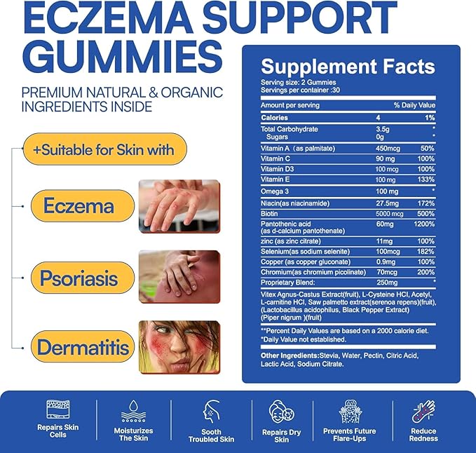 Sugar Free Eczema Treatment Gummies - USA Made - 50+ Vitamins & Probiotics for Clear, Hydrated Skin - Soothes Itching, Calms Redness & Boosts Skin Health (60 Gummies)