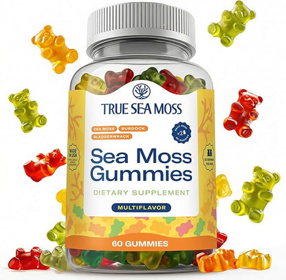 TrueSeaMoss Irish Sea Moss Gummies with Burdock Root & Bladderwrack – Formula for Adults & Kids – 60 Gummies (Packaging May Vary)