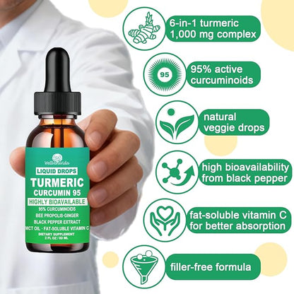 Turmeric Curcumin Supplement Drops with 95% Curcuminoids, Enhanced Absorption Liquid Turmeric Complex 1000mg w/Bee Propolis Ginger MCT Oil Vitamin C & Black Pepper for Joint & Immune Support | Non GMO