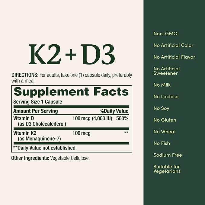 Nature’s Bounty Vitamin D3 K2 Supplement, 4000 IU Vitamin D3 plus 100 mcg of Vitamin K Supplements for Adults for Heart & Bone Health Support, 30 Day Supply, 30 Vegetarian Capsules