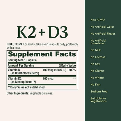 Nature’s Bounty Vitamin D3 K2 Supplement, 4000 IU Vitamin D3 plus 100 mcg of Vitamin K Supplements for Adults for Heart & Bone Health Support, 30 Day Supply, 30 Vegetarian Capsules
