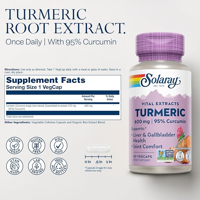 SOLARAY Turmeric Supplement 600mg - Turmeric Root with 95% Curcumin - Joint Support Supplement - Joint Health, Gallbladder and Liver Support, Non-GMO, Vegan, Gluten Free, 60-Day Guarantee, 60 Servings