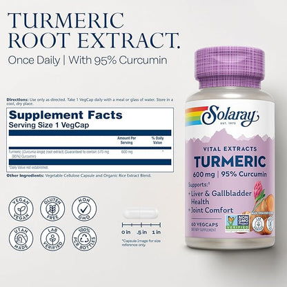 SOLARAY Turmeric Supplement 600mg - Turmeric Root with 95% Curcumin - Joint Support Supplement - Joint Health, Gallbladder and Liver Support, Non-GMO, Vegan, Gluten Free, 60-Day Guarantee, 60 Servings