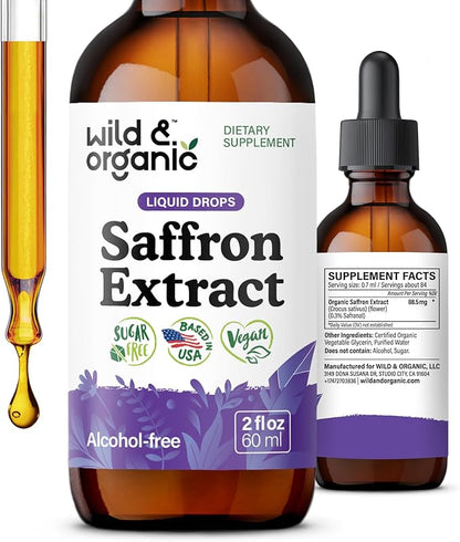 Wild & Organic Saffron Supplements 88.5 mg - Saffron Drops for Mood, Brain, Vision Support - Crocus Sativus Liquid Extract - Vegan, Sugar & Alcohol-Free Tincture - 2 fl oz