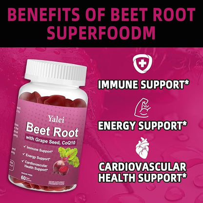 Beet Root Gummies for Blood Pressure | Sugar-Free | Beetroot Supplement with 1000 mg Beet Root, 1000 mg Grape Seed Extract & 200 mg CoQ10 | Vegan Non-GMO | Strawberry Flavor