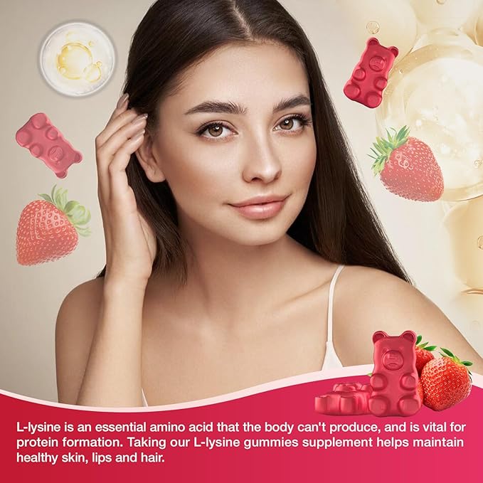2 Pack L-Lysine 1000mg Gummies, Chewable Lysine Supplement for Lips & Skin, Immune Support, Essential Amino Acid, Non-GMO, Vegan, Gluten Free, Sugar-Free, Strawberry Flavor, 120 Count