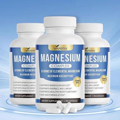 1000mg Magnesium Complex for Women & Men*, 8 Elemental with Magnesium Glycinate, Citrate, Malate, Taurate, Oxide, Carbonate, Aspartate, Orotate for Bones, Muscle, Recovery, Energy, Vegan, 90 Capsules
