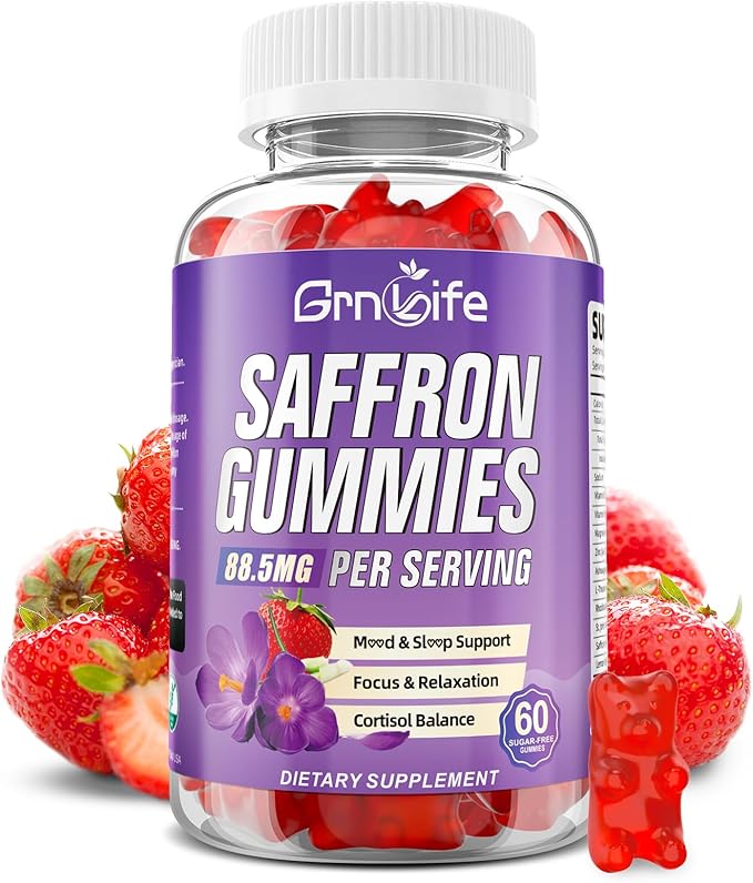 Saffron Gummies for Kids & Adults, 10-in-1 Cortisol Supplement with Saffron 88.5mg, Vitamin D3, B6, Magnesium, Zinc, Ashwagandha, L-Theanine, St. John's Wort, for Emotions, Zzz, 60 Count