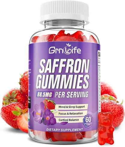 Saffron Gummies for Kids & Adults, 10-in-1 Cortisol Supplement with Saffron 88.5mg, Vitamin D3, B6, Magnesium, Zinc, Ashwagandha, L-Theanine, St. John's Wort, for Emotions, Zzz, 60 Count