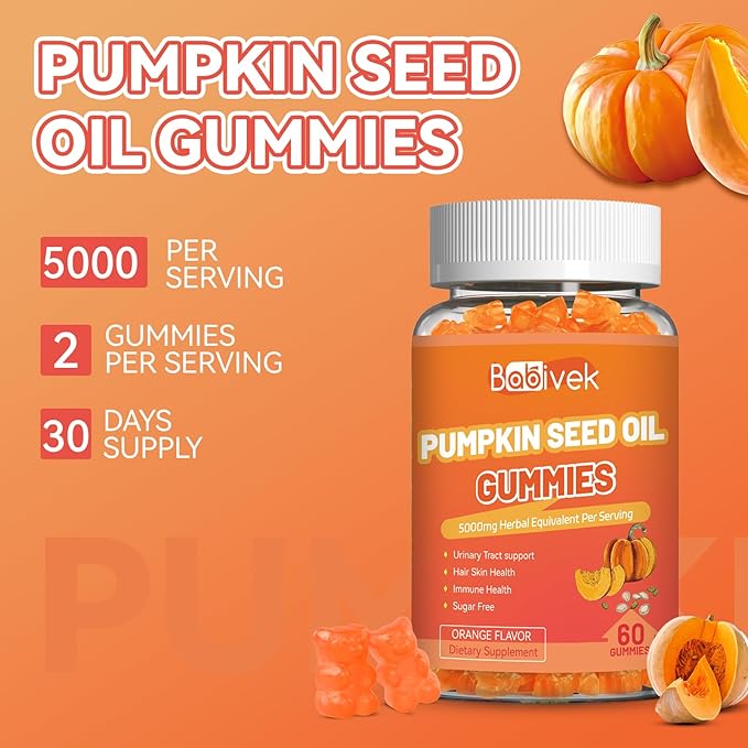 Sugar Free Pumpkin Seed Oil Gummies - 5000mg Per Serving with Saw Palmetto, Organic Pumpkin Seed Oil Supplement for Hair Growth & Skin Health, High Extract for Women and Men, 60 Count