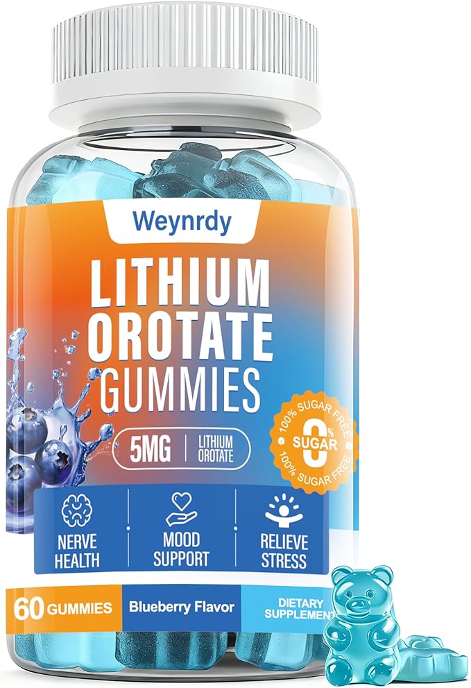 Lithium Orotate 5mg Gummies for Adults and Kids, Low-Dose Chelated Lithium Orotate for Mood Support & Cognitive Improvement, Sugar-Free, Non-GMO, Gluten-Free, Vegan-Friendly, Blueberry Flavor, 60