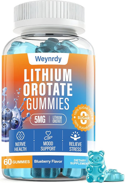 Lithium Orotate 5mg Gummies for Adults and Kids, Low-Dose Chelated Lithium Orotate for Mood Support & Cognitive Improvement, Sugar-Free, Non-GMO, Gluten-Free, Vegan-Friendly, Blueberry Flavor, 60