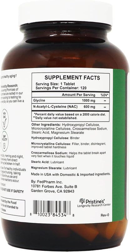 PRISTINE'S Supplement GlyNAC Complex Large Size Tablet 1600MG Glutathione Production - 3rd Party Tested Anti Aging, Sleep & Cognitive Support - Glycine & NAC Gluten Free Non GMO USA Made Glass Bottle