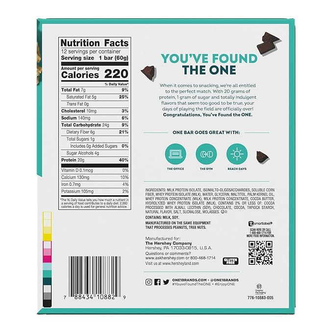 ONE Protein Bars, Chocolate Chip Cookie Dough, Gluten Free with 20g Protein and 1g Sugar, Pantry Staples, 2.12 oz (12 Count)