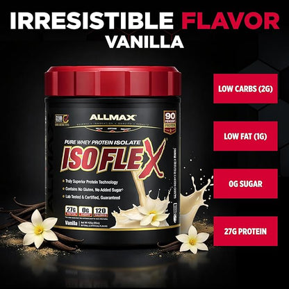 ALLMAX ISOFLEX Pure Whey Isolate Protein Powder - Gluten Free, Low Lactose, Sugar-Free - High-Protein, Clean, Keto-Friendly for Pre Post Workout Supplement for Women and Men | Vanilla, 1lb