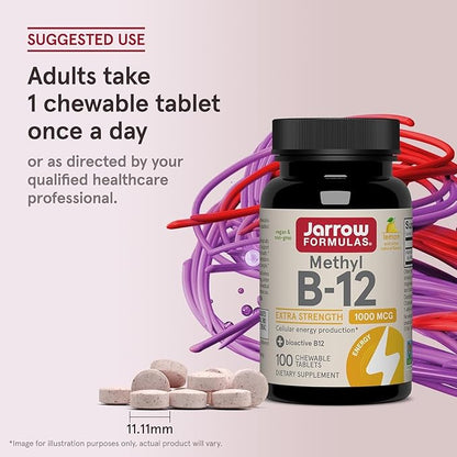 Jarrow Formulas Methyl Vitamin B-12 1000 mcg, 100 Chewable Tablets, Lemon Flavored- Vitamin B12 - Supports Cellular Energy Production, Brain Health & Metabolism - 100 Servings (Pack of 2)