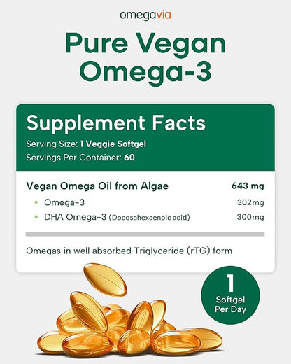 OmegaVia Vegan Omega 3 Supplement, Algae Omega 3 Fish Oil Alternative, 300mg Vegan DHA Fatty Acids, Plant Based, Planet and Ocean Friendly, IAOS 5 Star Tested, 60 Softgels