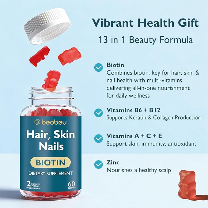 Hair Skin and Nails Biotin Gummies, Supports Hair Growth, Healthy Skin & Stronger Nails, Vegan Hair Vitamins for Women & Men, 30 Day Supply, Raspberry, 60 Count