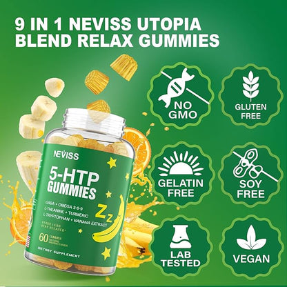 1Pack 5-HTP 400MG Gummies + GABA - Melatonin Free - Relaxation Gummies with Banana Extract, L-Theanine, Turmeric, L-Tryptophan, Vitamin D3 for Healthy Rest Cycle,Circadian Rhythm, Brain & Muscle Relax