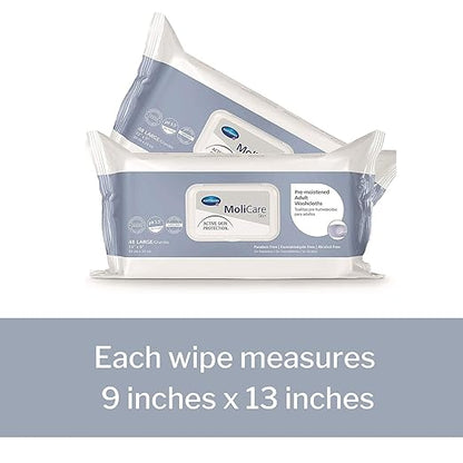MoliCare Skin Personal Wipes, Pre-Moistened Adult Washcloths - Active Skin Protection with Aloe and Lanolin, Hypoallergenic, Alcohol-Free - 9 in x 13 in, 48 Count, 12 Packs, 576 Total
