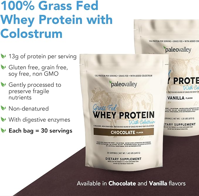 Paleovalley 100% Grassfed Whey Protein Powder with Colostrum, 30 Serving - Vanilla, 13g Protein, Muscle Building, Immune Support, Gut Health