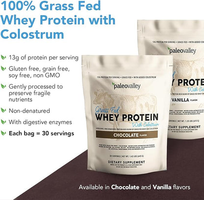 Paleovalley 100% Grassfed Whey Protein Powder with Colostrum, 30 Serving - Vanilla, 13g Protein, Muscle Building, Immune Support, Gut Health