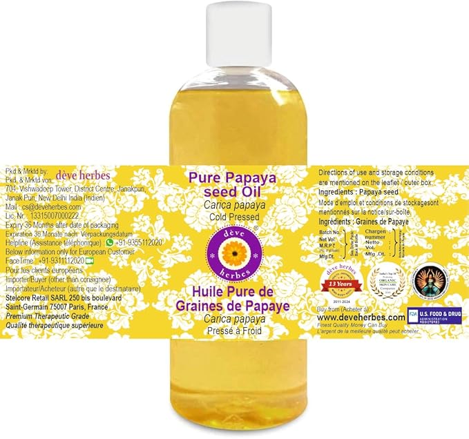 Deve Herbes Pure Papaya Seed Oil (Carica Papaya) Cold Pressed 200ml (6.76 oz)
