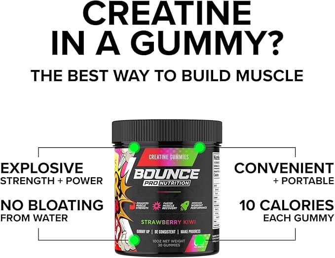 Bounce Pro Creatine Monohydrate Gummies for Men & Women, Low Calorie, 6G of Creatine per Serving, Vegan, Anti-Melting, Gluten-Free, Non-GMO (30 Count (Pack of 1), Strawberry Kiwi)