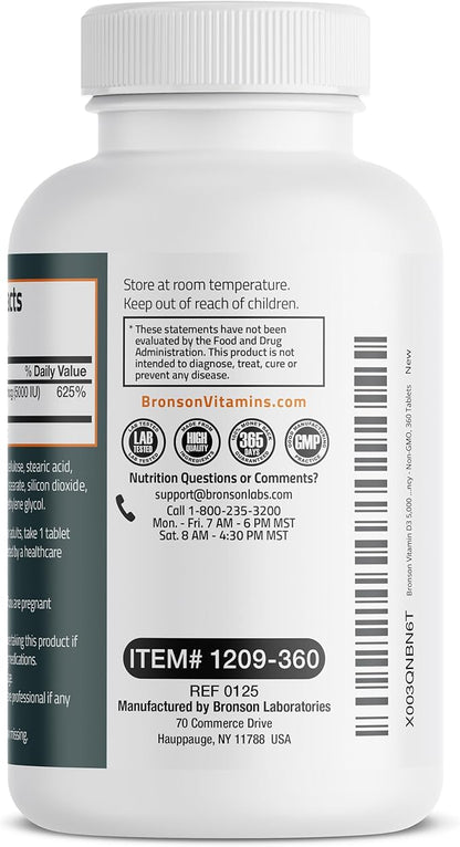 Bronson Vitamin D3 5000iu (125mcg) Healthy Muscle Function and Immune Support, Non-GMO, 360 Tablets
