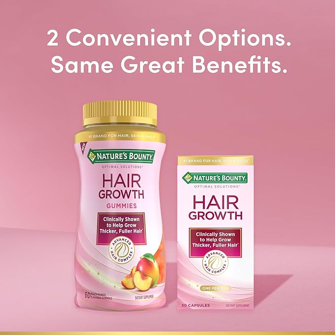 Nature’s Bounty Hair Growth Gummies for Supporting Thicker, Fuller Hair with Biotin, Silicon & Arginine, Peach Mango Flavor – Gluten Free, Contains No Lactose, Sodium or Fish, 60 Count/30 Servings