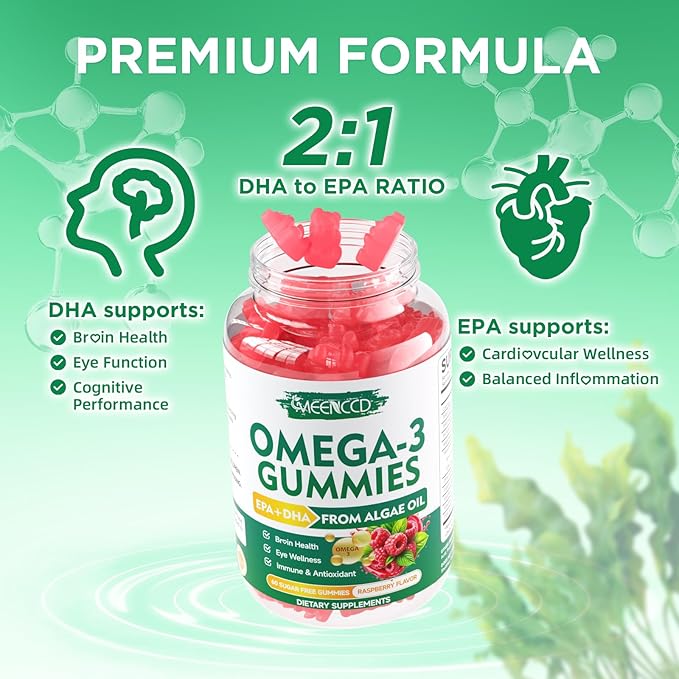 Vegan Omega-3 Gummies 1000mg, Omega 3 Fish Oil Alternative for Adults, Algae-Based DHA 600mg & EPA 300mg + Vitamins A, C, E, Zinc, Supports Overall Wellness, No Fish Taste, 60 Count
