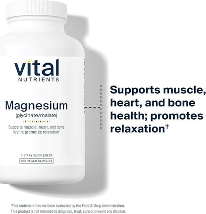 Vital Nutrients Magnesium Glycinate + Malate - 120mg Vegan Magnesium Supplement for Women and Men - Muscle, Heart, Bone Support* - Promotes Relaxation - Gluten, Dairy and Soy Free - 200 Capsules