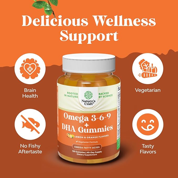 Omega 3 Gummies for Adults - Vegetarian Omega 3 6 9 DHA Gummies for Brain Bone and Heart Health and Joint Support - Burpless Fish Free Plant Based Supplement Men Women - 120 Count