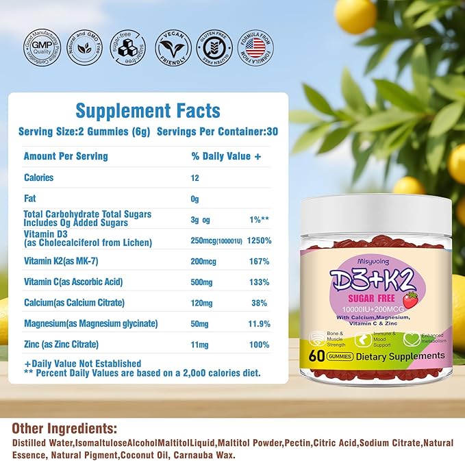 Vitamin D3 K2 Gummies,Vitamin D3 10000 IU with K2 200mcg,VitaminC,Calcium,Magnesium,Zinc,Support for Bones,Joints,Muscles,Nerves,and Immune System (60, Strawberry,Sugar-Free)