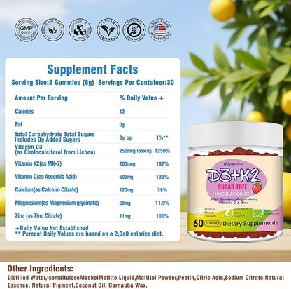 Vitamin D3 K2 Gummies,Vitamin D3 10000 IU with K2 200mcg,VitaminC,Calcium,Magnesium,Zinc,Support for Bones,Joints,Muscles,Nerves,and Immune System (60, Strawberry,Sugar-Free)