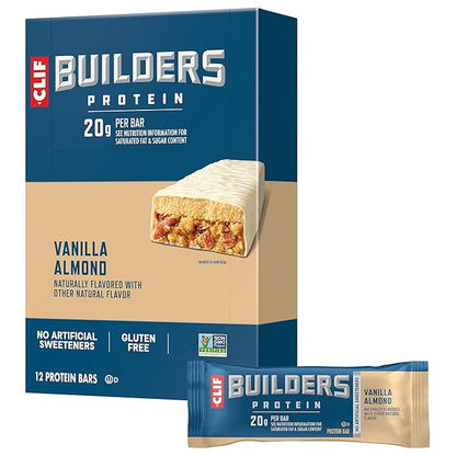 CLIF BUILDERS Protein Bars - Vanilla Almond Flavor - 20g Plant Based Protein - Gluten Free - Non-GMO - Low Glycemic - No Artificial Sweeteners - 2.4 oz. (12 Pack)