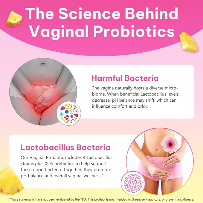 Feminine Probiotics Gummies for Women 60 Count, Vaginal Probiotics Gummies with Slippery Elm, Vegan for Women PH Balance, Gut Health & Immune System, Prebiotics & Lactobacillus Blend Pineapple Flavor