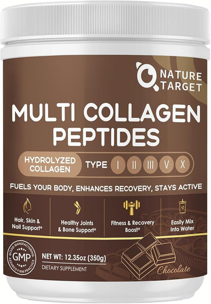 NATURE TARGET Chocolate Collagen Peptides Powder - Multi Collagen for Women with Vitamin C & Creatine, Supports Skin, Hair, Nails & Joint Health - Type I, II, III, V & X, Gluten Free, 35 Servings
