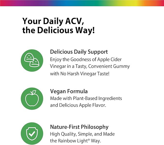 Rainbow Light Apple Cider Vinegar Gummies | 50 Count | Delicious Apple Flavor | with No Vinegar Aftertaste | USDA Organic | Vegan, Non-GMO, Gluten Free