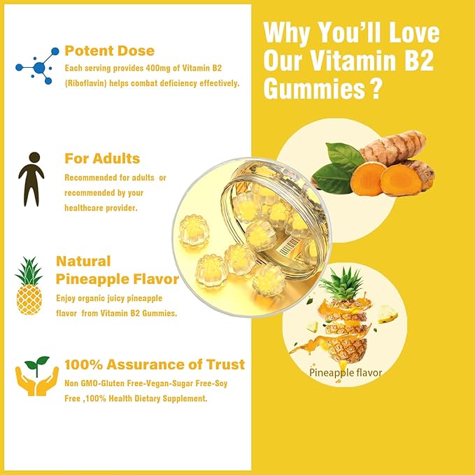 Vitamin B2 Gummies Riboflavin 400mg for Men Chewable B2 Vitamins for Adults with B Complex Turmeric Extract for Digestive Comfort,Nervous System Support, Vegan, Sugar-Free, Pineapple Flavor,60 Count