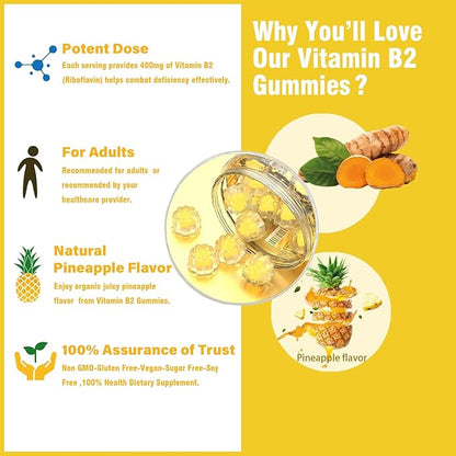 Vitamin B2 Gummies Riboflavin 400mg for Men Chewable B2 Vitamins for Adults with B Complex Turmeric Extract for Digestive Comfort,Nervous System Support, Vegan, Sugar-Free, Pineapple Flavor,60 Count