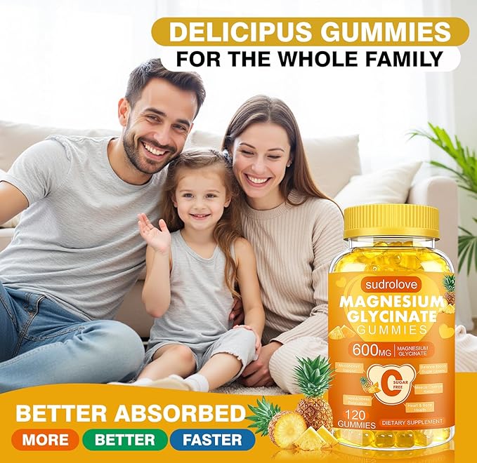 Magnesium Glycinate Gummies 600mg- Sugar Free Mg Potassium Supplement with Magnesium Glycinate, Vitamin D, B6 and CoQ10 for Calm Support & Sleep for Adults, 60 Days Supply ((Pack of 2), Pineapple)