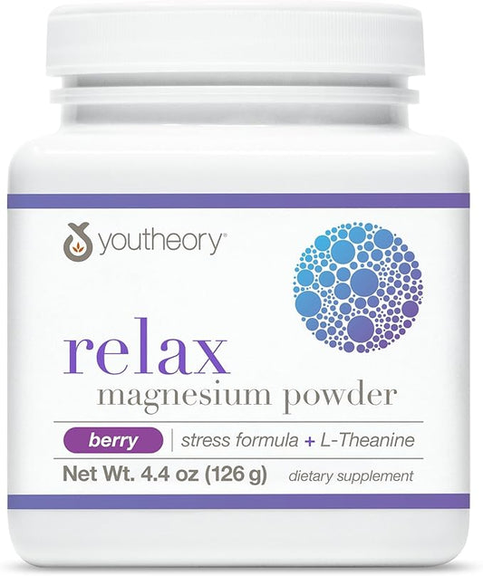 Youtheory Relax Magnesium Powder - Vegan Stress Relief Supplement with L-Theanine & GABA* - Supports Relaxation* - Dairy, Soy & Gluten Free - Berry, 4.4 oz