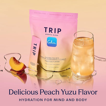 TRIP Electrolytes Powder Packets with Magnesium, Ashwagandha & Vitamin D. Peach Yuzu Daily Hydration Packets, Vegan, Electrolyte Drink Mix, Calming Hydration Powder, 20 Sachets