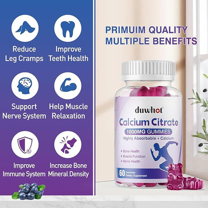 Calcium Citrate Gummies, Chewable Calcium Citrate 1000mg for Bone, Muscle & Immune Support, Ultimate Absorption Calcium Supplements for Women & Men, Blueberry, 120 Chews