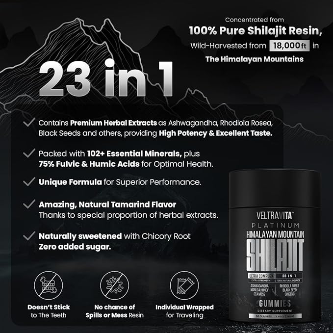 Himalayan Shilajit Gummies, 23-in-1 with Sea Moss, Ashwagandha, Tongkat Ali, Black Seed Oil & Rhodiola Rosea, Lab Tested, 60 Gummies